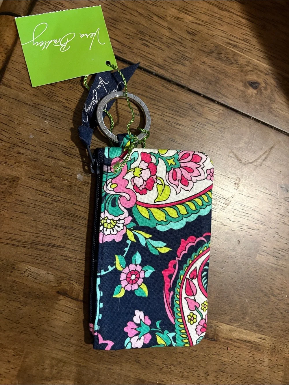 Vera Bradley Navy Floral Zip ID Case with Pink & Green Accents
